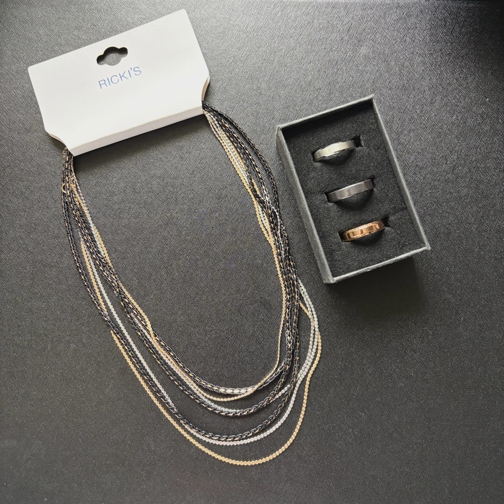 Modern Gents Mixed Metal 3 Ring Set With Coordinating Stacked Necklace 💍 New